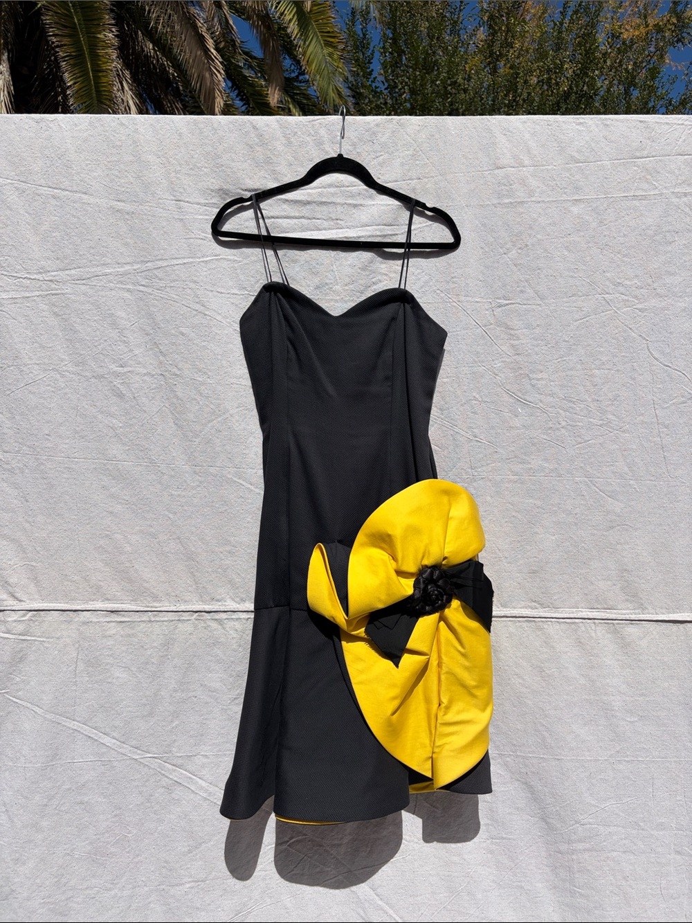 Black Spaghetti Strap Dress with Yellow Floral Accent